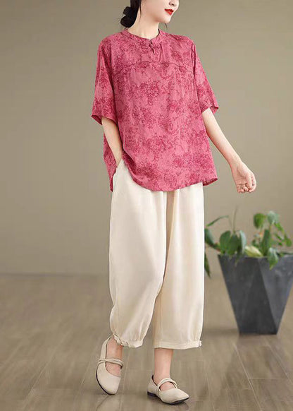 Rose Print Cotton Blouse Top Half Sleeve
