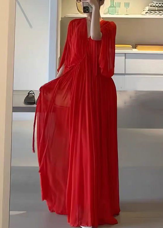 Red V Neck Wrinkled Chiffon Maxi Dress Half Sleeve