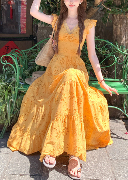 Yellow Embroidered Cotton Robe Dresses Summer