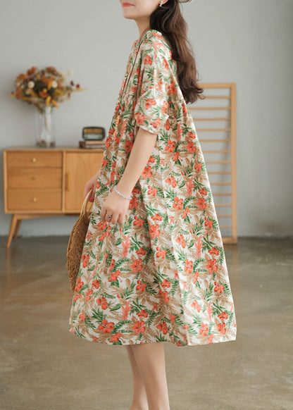 Red Print O-neck Cotton Beach Dresses Short Sleeve