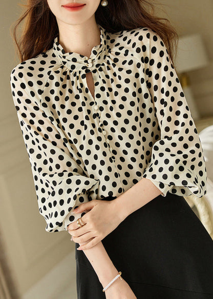 Beige Stand Collar Dot Print Chiffon Shirts Long Sleeve