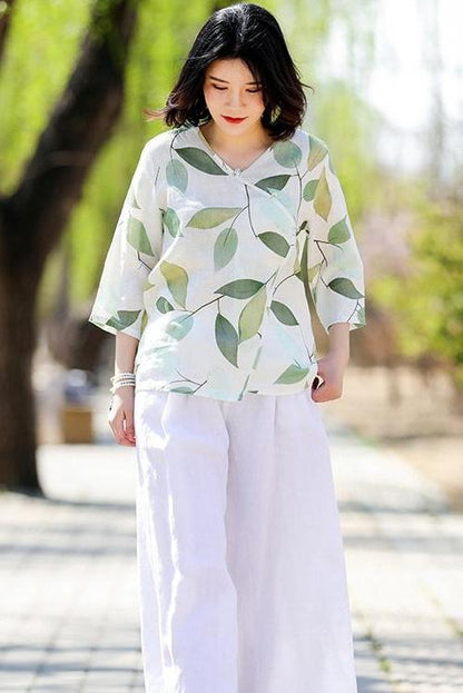 Green Print Cotton Linen Summer Tops Loose Blouse
