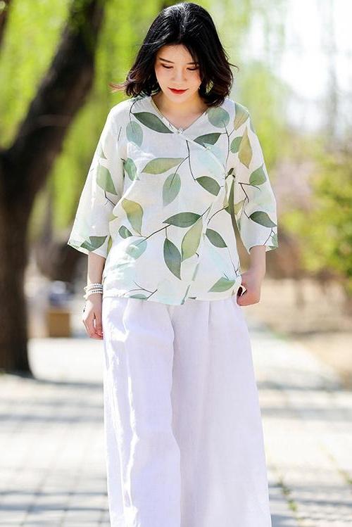 Green Print Cotton Linen Summer Tops Loose Blouse