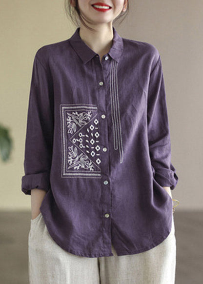 Purple Peter Pan Collar Embroidered Button Linen Shirt Long Sleeve