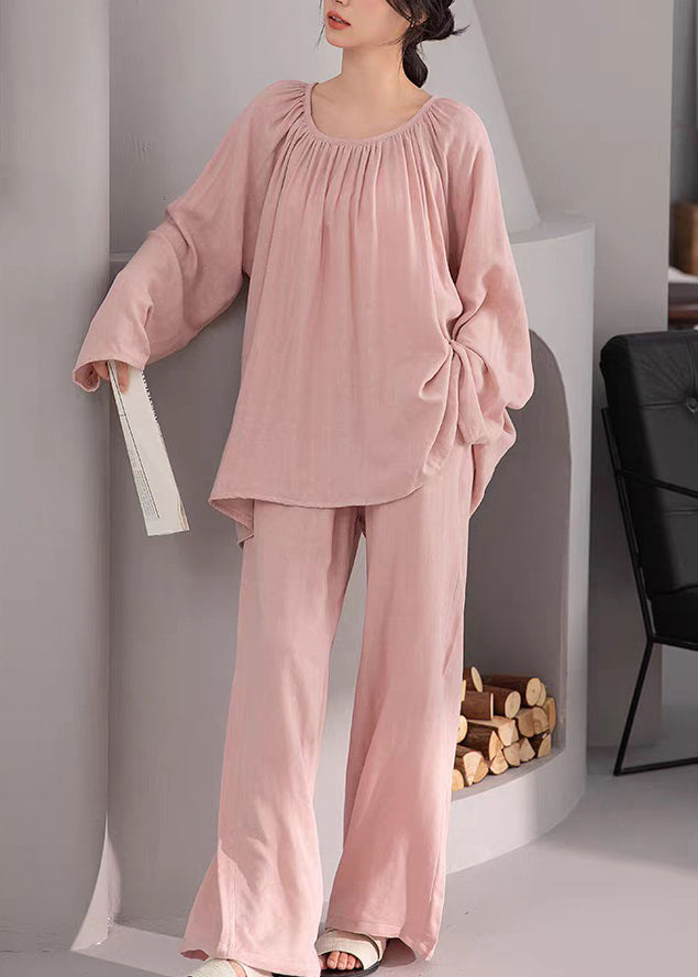 Loose Pink Wrinkled Cotton Pajamas Two-piece Set Fall