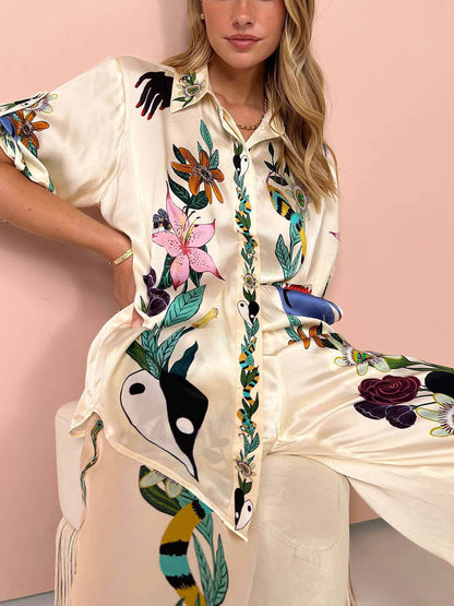 Sophisticated Feel Satin Modern Unique Print Button Down Oversized Blouse