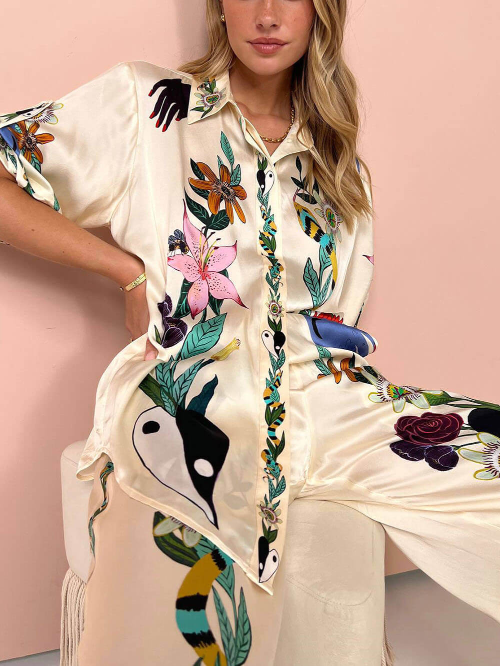 Sophisticated Feel Satin Modern Unique Print Button Down Oversized Blouse