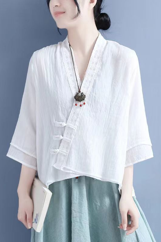 Summer Lace Slanted Button Shirt Lace-up 3/4 Sleeve Tops