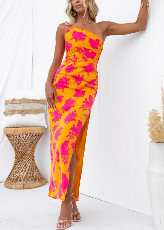 Slim Fit Orange One-shoulder Backless Print Cotton Maxi Dresses Summer