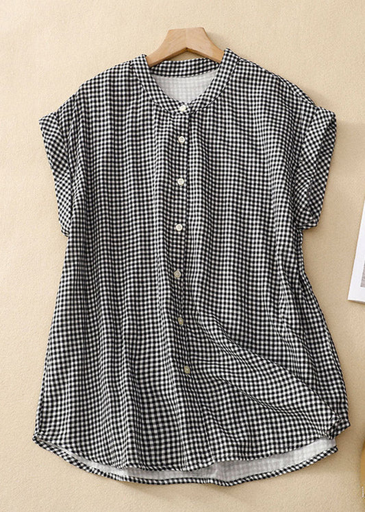 Stand Collar Plaid Button Cotton Shirts Summer