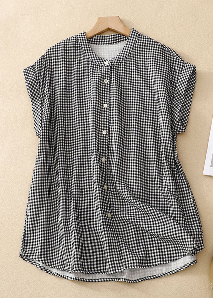 Stand Collar Plaid Button Cotton Shirts Summer