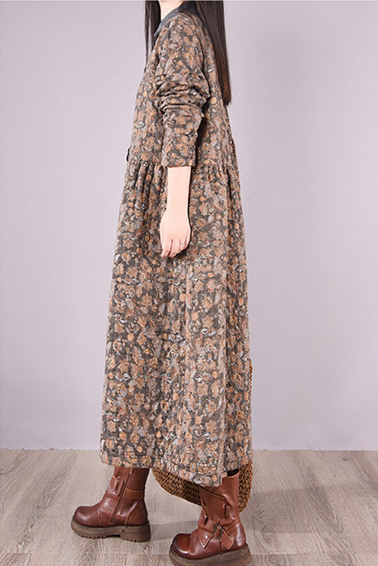 Winter Quilted Print Dress Cotton Linen Dress