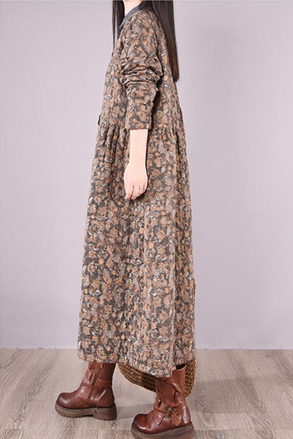 Winter Quilted Print Dress Cotton Linen Dress
