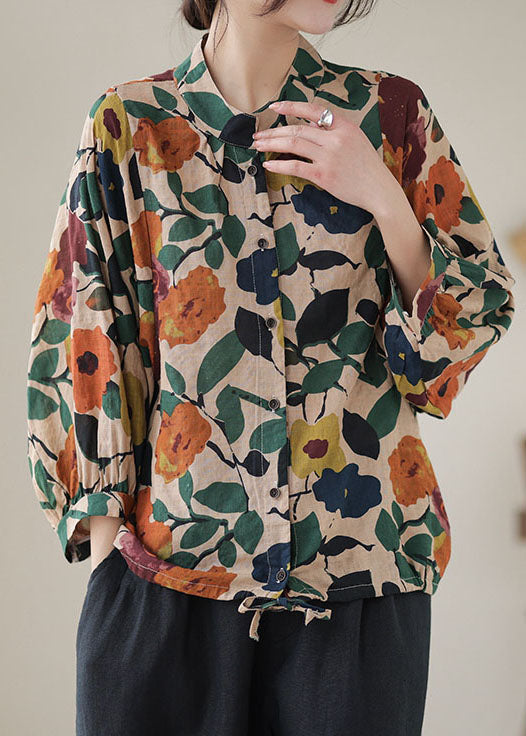 Apricot Stand Collar Print Cotton Shirts Long Sleeve
