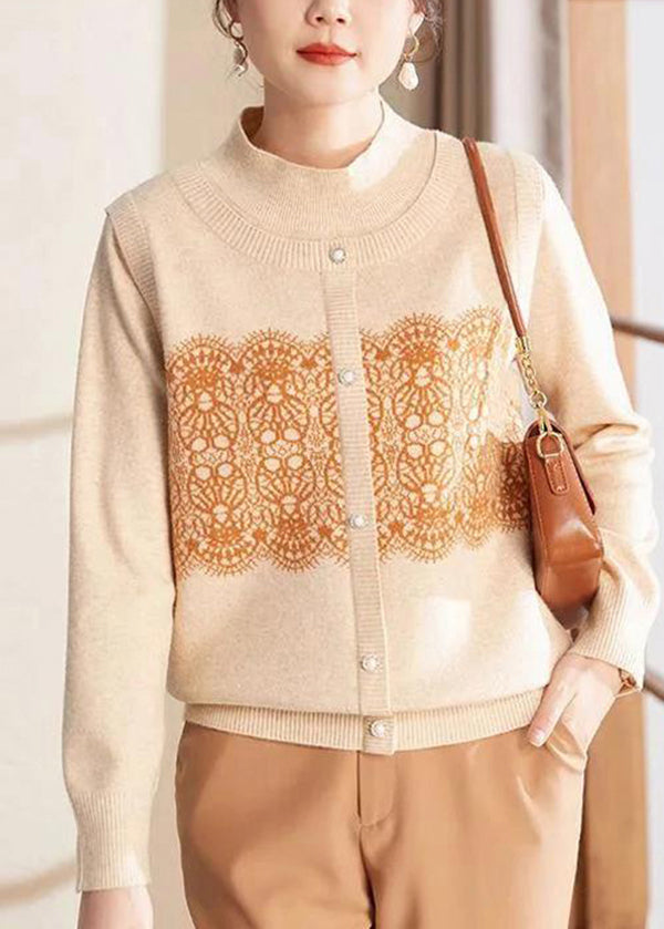 Beige O Neck Print Patchwork Woolen Sweater Spring