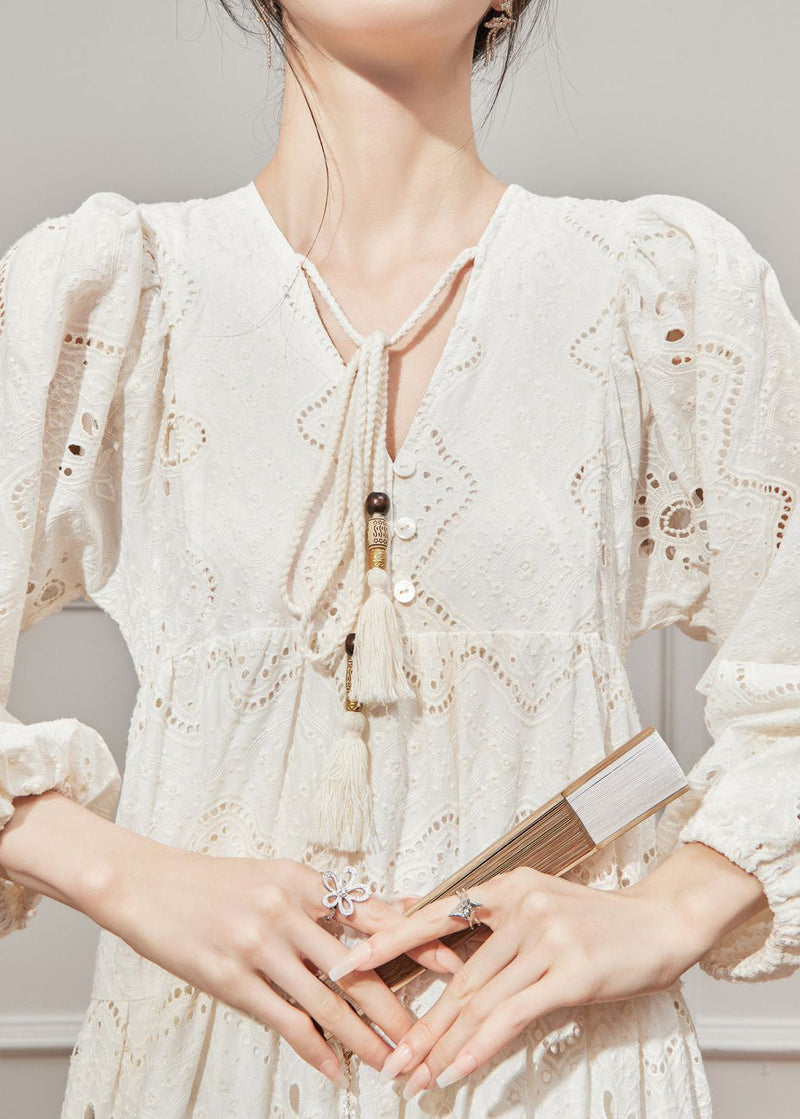 French Style Beige V Neck Hollow Out Cotton Dresses Lantern Sleeve