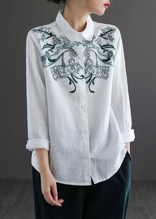 White Peter Pan Collar Embroidered Shirt Long Sleeve