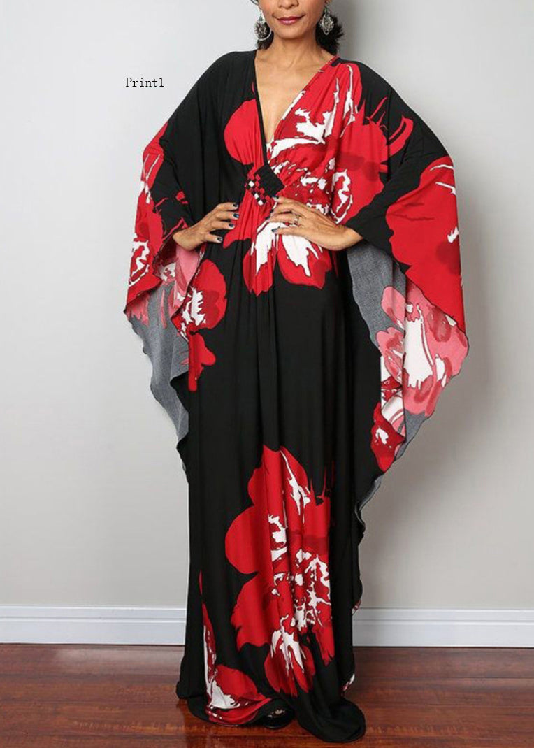 V Neck Print Cotton Long Robe Dress Summer