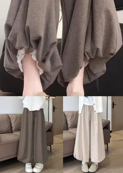 Oatmeal Elastic Waist Cotton Wide Leg Pants Pockets