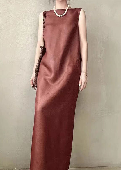 Red Pockets Back Side Open Silk Long Dress Sleeveless