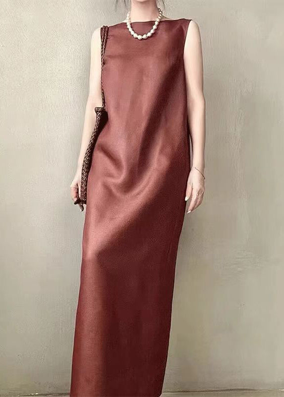 Red Pockets Back Side Open Silk Long Dress Sleeveless
