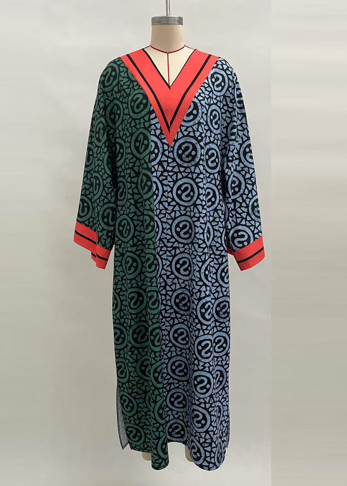 Colorblock V Neck Print Cotton Vacation Dresses Fall