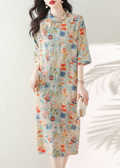 Stand Collar Print Chinese Button Cotton Dress Summer