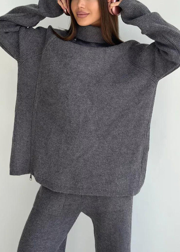 Stylish White High Neck Zip Up Knit Two Pieces Set Winter