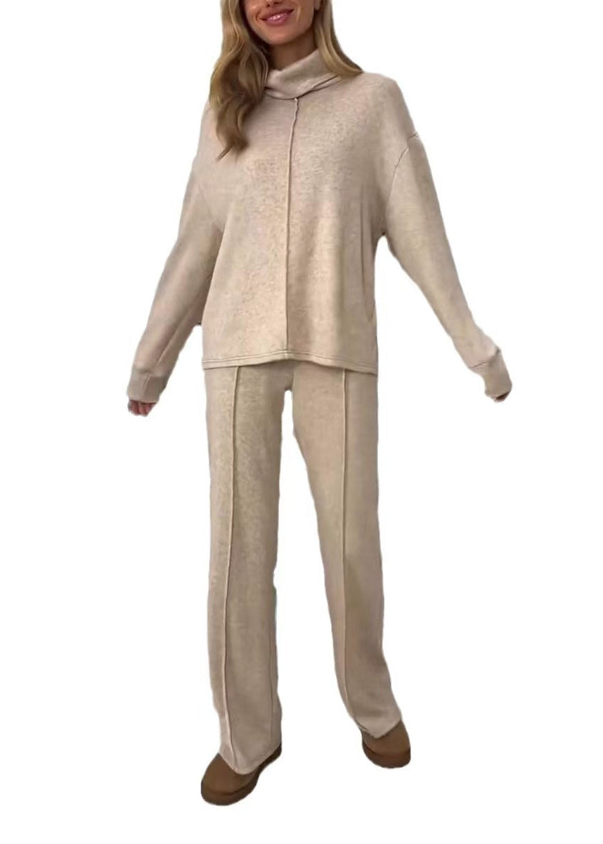 Grey Hign Neck Tops and Pants Cotton Two Piece Suit Set Spring