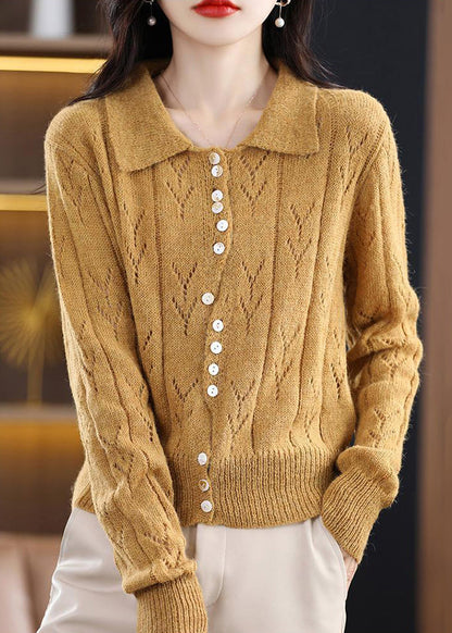 Yellow Button Hollow Out Knit Sweater Spring