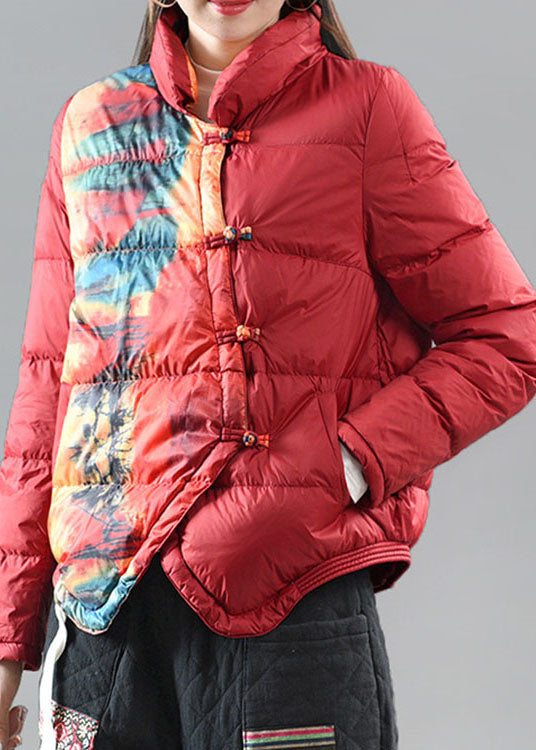 Red Stand Collar Pockets Print Asymmetrical Design Winter Down Coat