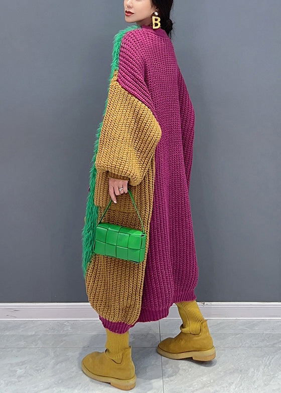 Green V Neck Button Pockets Patchwork Knit Cardigan Fall