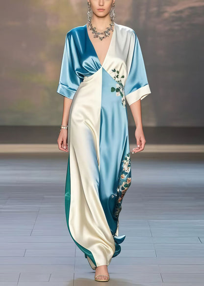 Colorblock V Neck Print Silk Dresses Half Sleeve