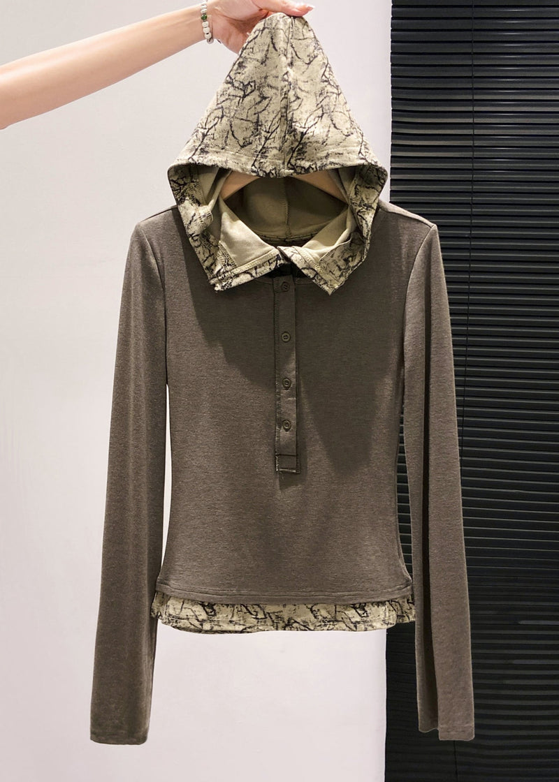 Brown Hooded Patchwork Cotton Fake Two Piece Tops Fall