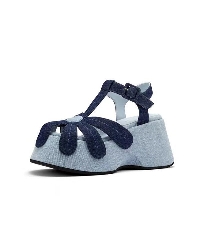 Blue Wedge Denim Fabric Splicing Hollow Out Sandals