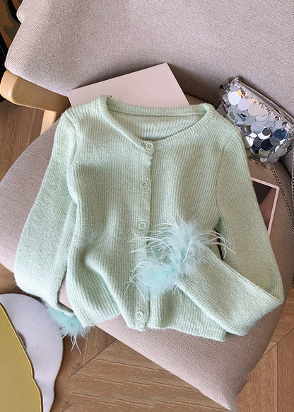 Style Light Green O-neck Button Cotton Knit Cardigan Fall