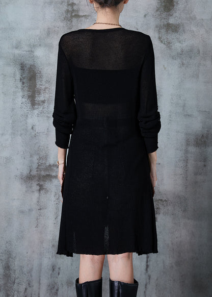 Style Black O-neck Side Open Knit Long Shirt Fall