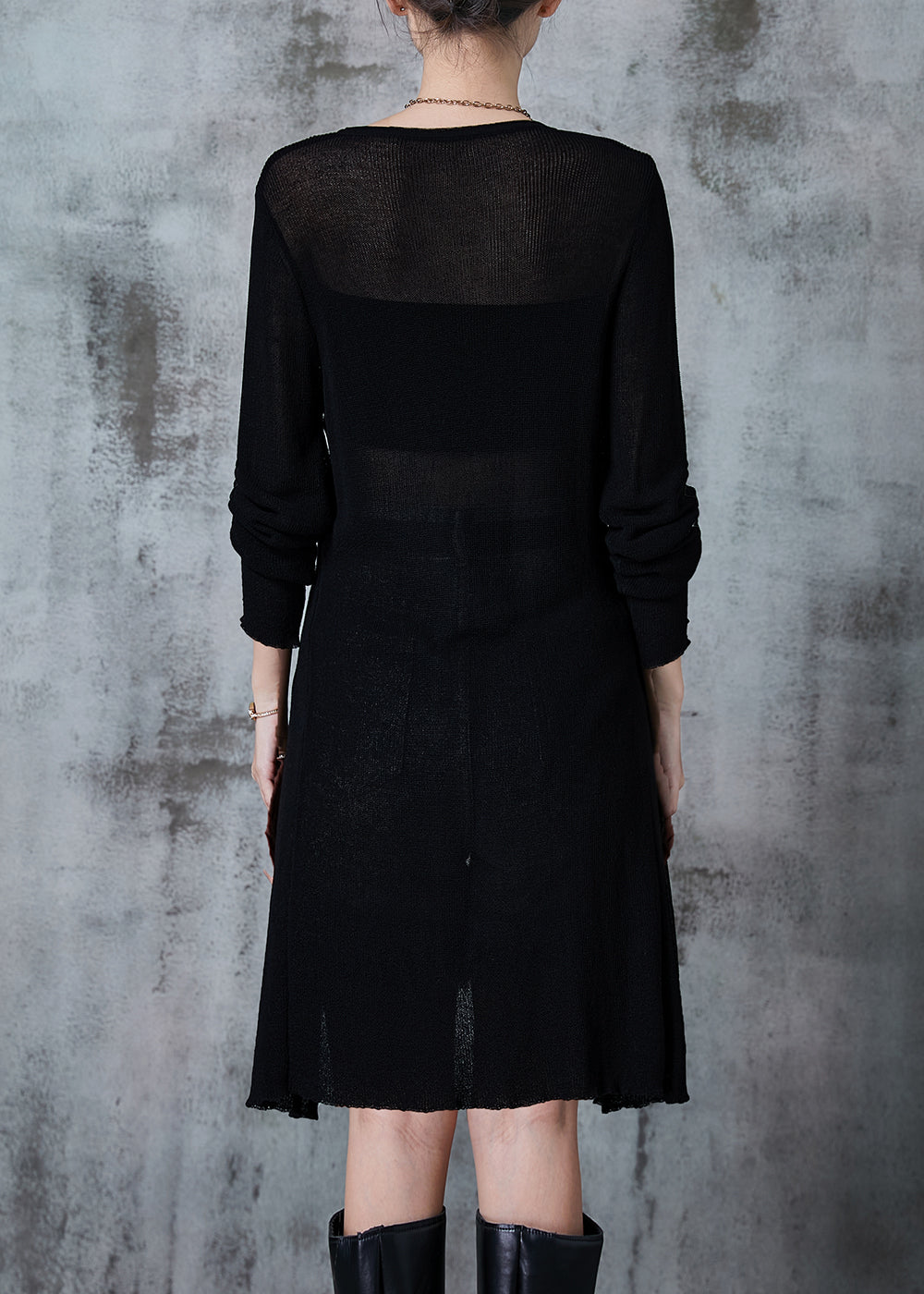 Style Black O-neck Side Open Knit Long Shirt Fall