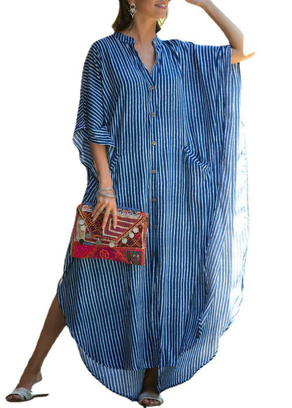 Modern Blue V Neck Striped Cotton Shirts Dress Summer