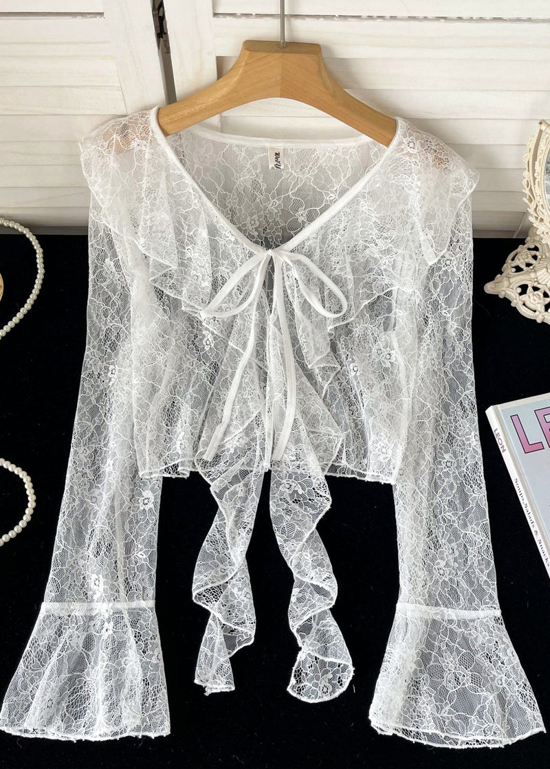 Pink Ruffled Lace Up Lace Tops Flare Sleeve