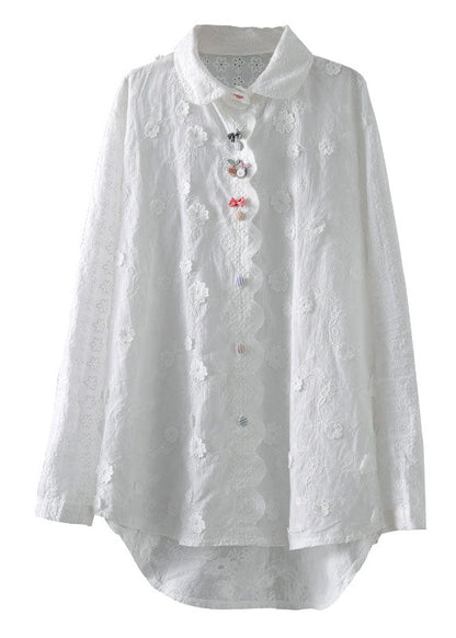 Diy White Embroidered Three-dimensional Cotton Shirt Top Long Sleeve