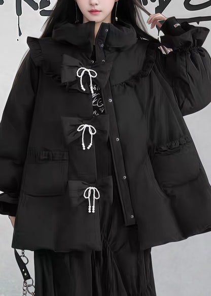 Black Ruffled Pockets Patchwork Fine Cotton Filled Puffers Jackets Winter