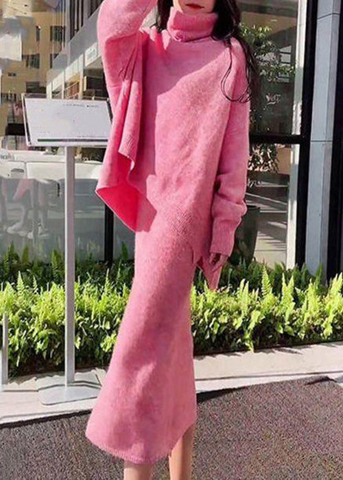 Loose Pink Turtleneck Sweaters and Skirts Knit Two Pieces Set Winter