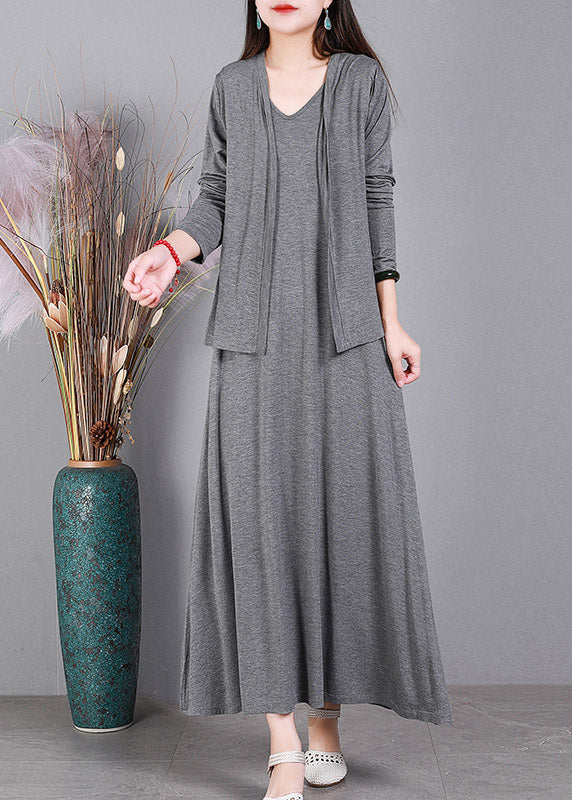 Loose Grey V Neck Cotton Cardigans and Dress Two Pieces Set Summer
