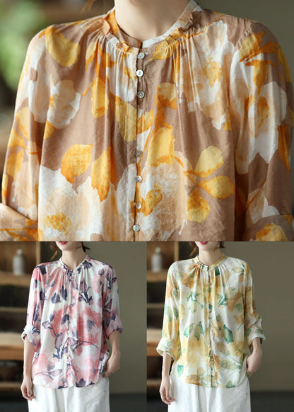 Pink Stand Collar Print Patchwork Cotton Shirt Tops Long Sleeve