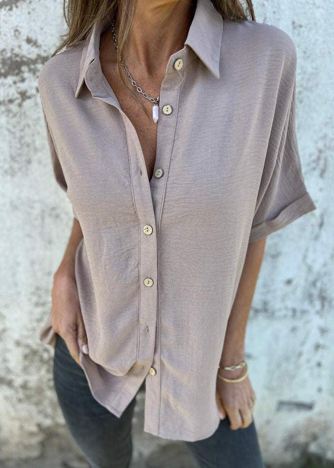 Khaki Peter Pan Collar Button Cotton Top Summer