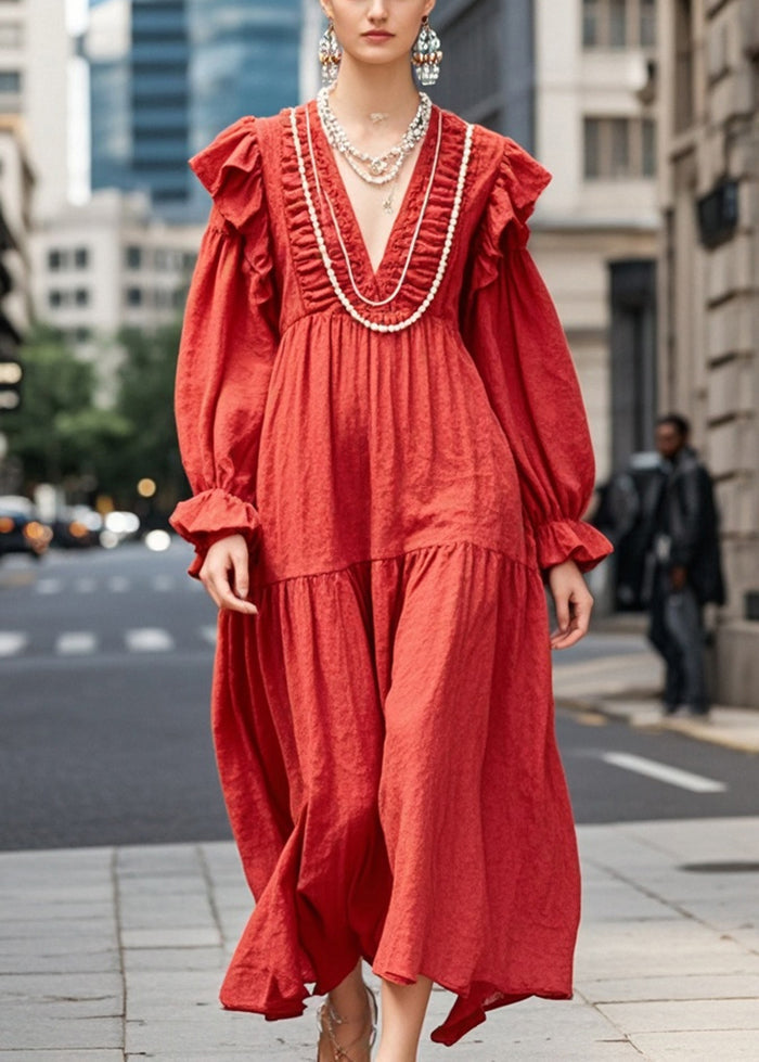 Red Oversized Ruffles Cotton Maxi Dresses Fall