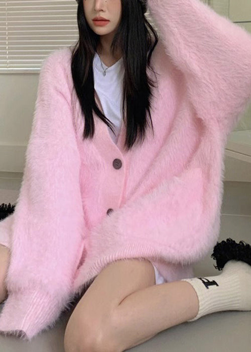 Loose Pink V Neck Button Knit Cardigan Fall