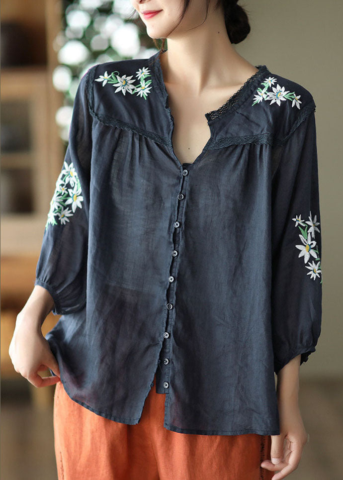 Navy Patchwork Linen Shirts Embroidered Button Bracelet Sleeve