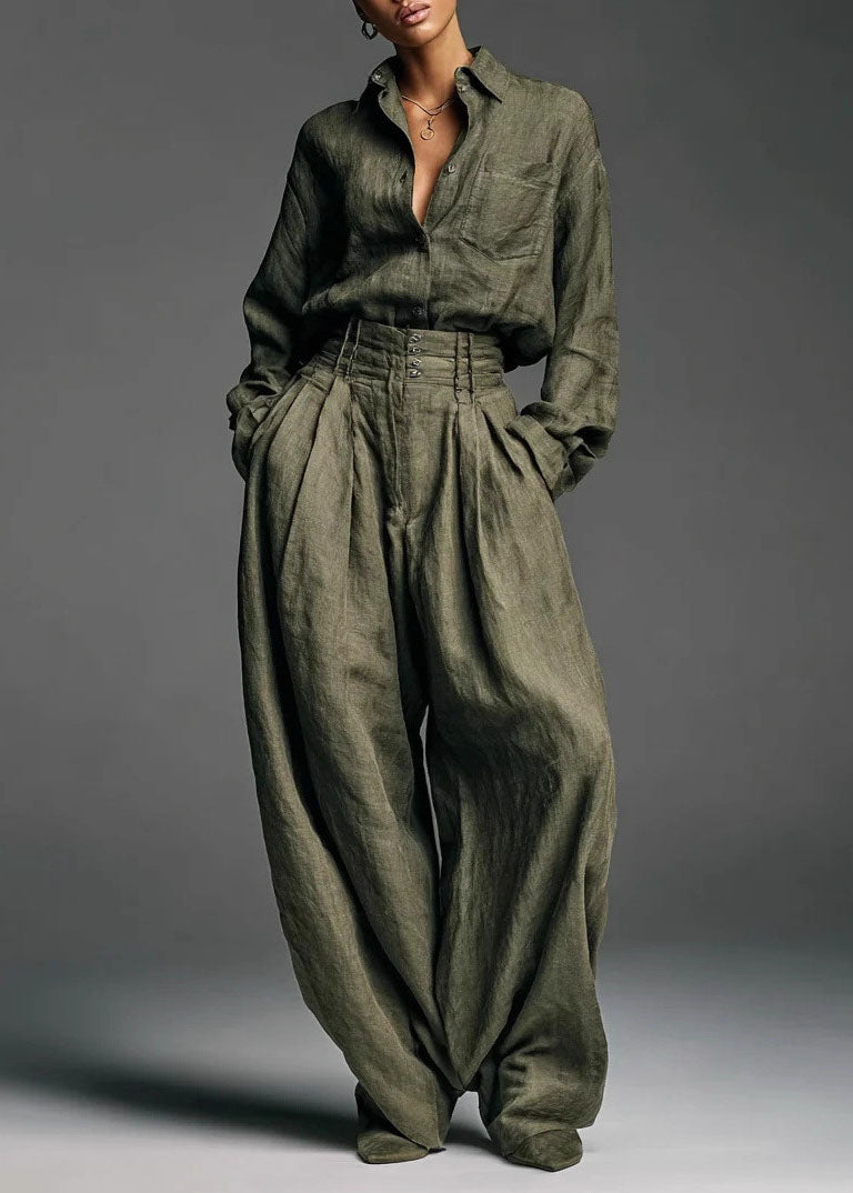 Army Green Shirt and Pants Two-piece Set Spring